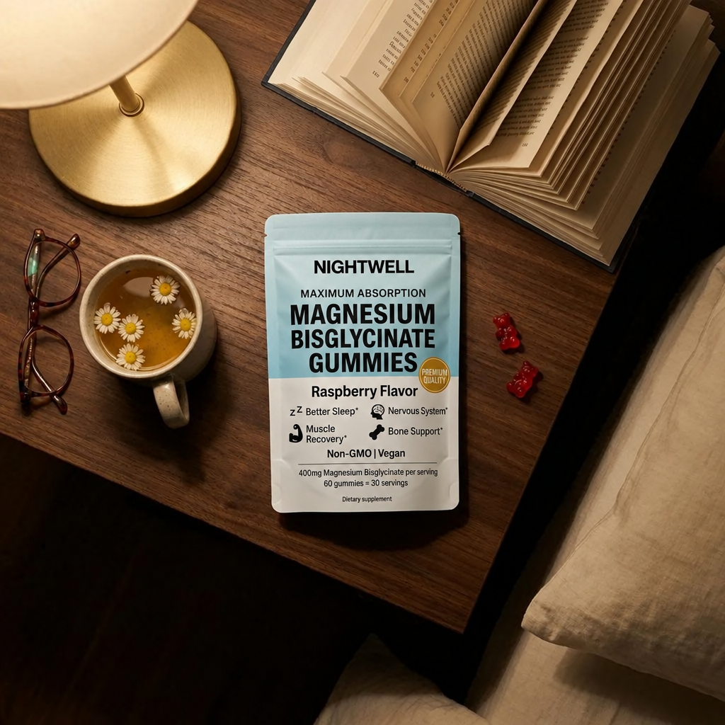 Nightwell magnesium gummies on a nightstand