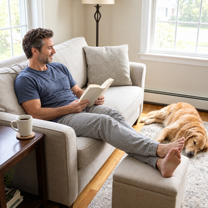 Man relaxing on the sofa with his dog