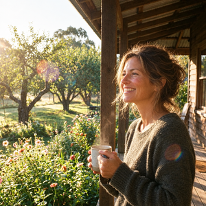 Woman enjoying the morning on her porch