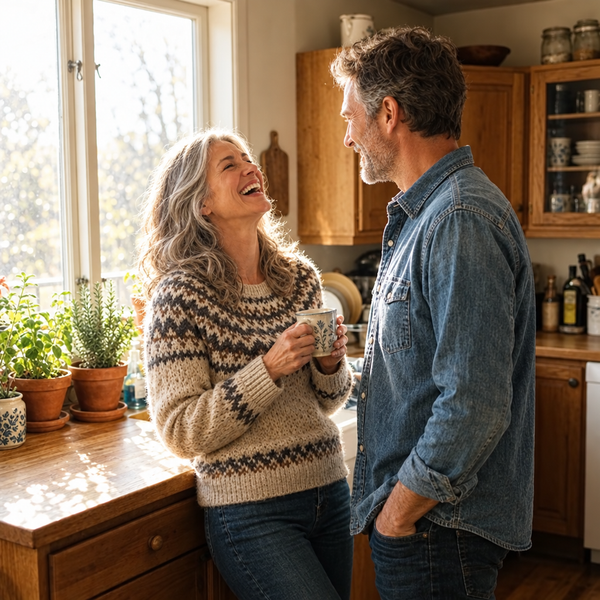 Couple laughing in the kitchen