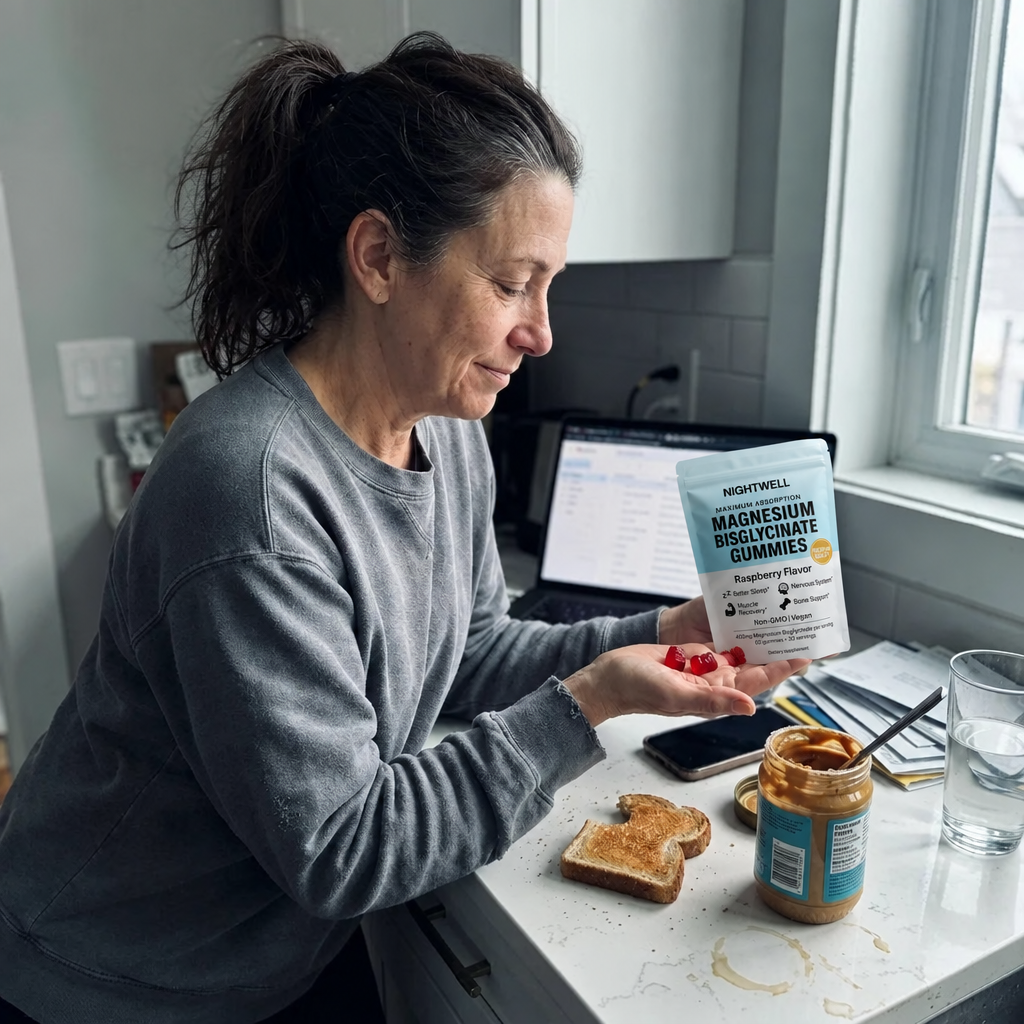 Woman with Nightwell magnesium gummies at home
